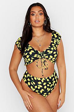 Boohoo Plus Lemon Printed Bardot High Leg Bikini