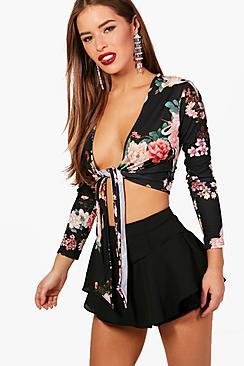 Boohoo Petite Louise Tie Front Oriental Print Crop Top