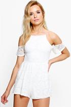 Boohoo Amy Lace Open Shoulder Playsuit Ivory