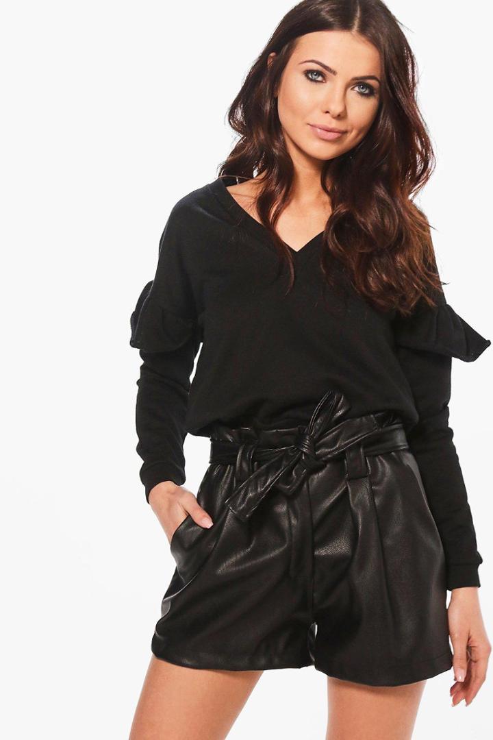 Boohoo Petite Kelly V Neck Frill Detail Sweat Black