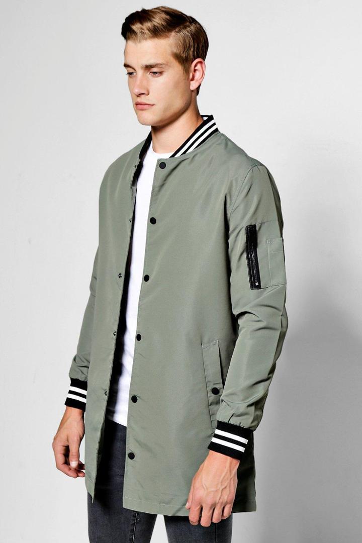 Boohoo Olive Longline Taslan Bomber Jacket With Sports Rib Olive