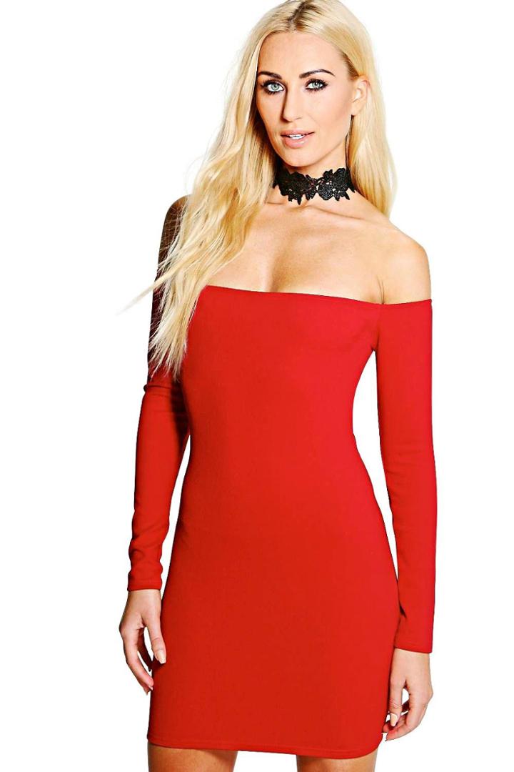 Boohoo Melissa Lace Off Shoulder Bodycon Dress Ruby