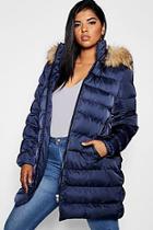 Boohoo Plus Belted Faux Fur Hood Puffer Long Coat
