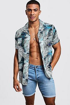 Boohoo Bright Palm Print Short Sleeve Revere Shirt