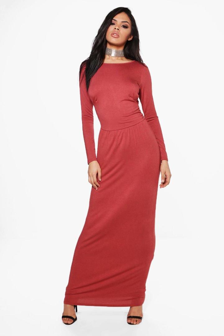 Boohoo Anne Long Sleeve Rouched Waist Maxi Dress Cinnamon