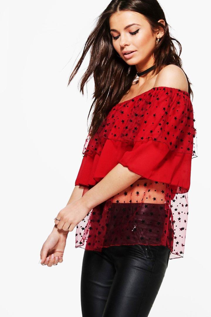 Boohoo Amanda Double Layer Bardot Top Wine