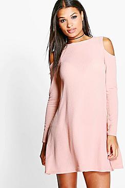 Boohoo Megan Cold Shoulder Rib Knit Swing Dress