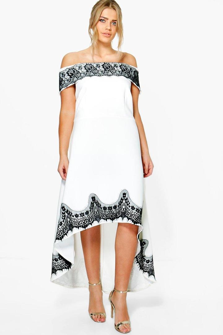 Boohoo Plus Eve Off The Shoulder Lace Trim Skater Dress Ivory