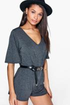 Boohoo Julia Flutter Sleeve Cross Back Playsuit Charcoal