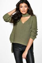 Boohoo Ella Choker Strap V Neck Jumper Khaki