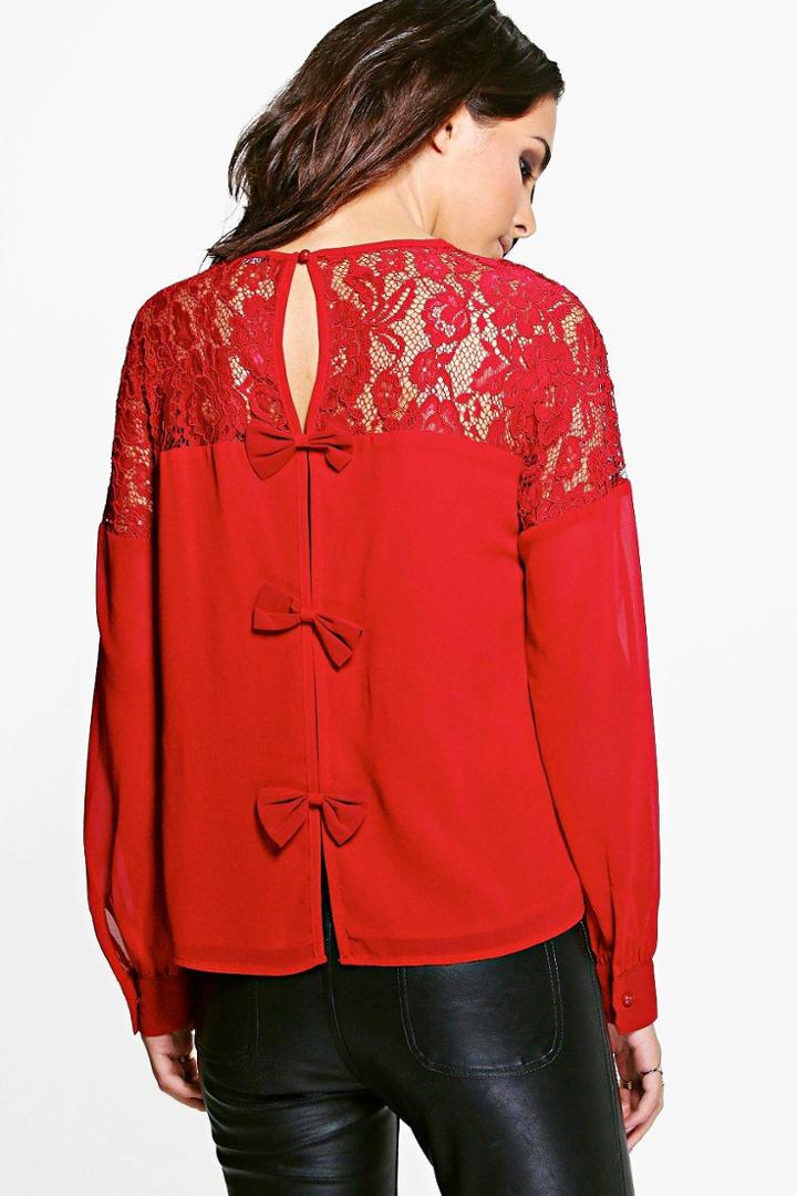 Boohoo Hattie Long Sleeve Lace Bow Blouse Wine