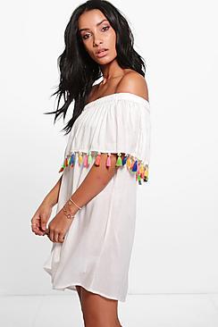 Boohoo Brenda Off Shoulder Tassel Trim Dress