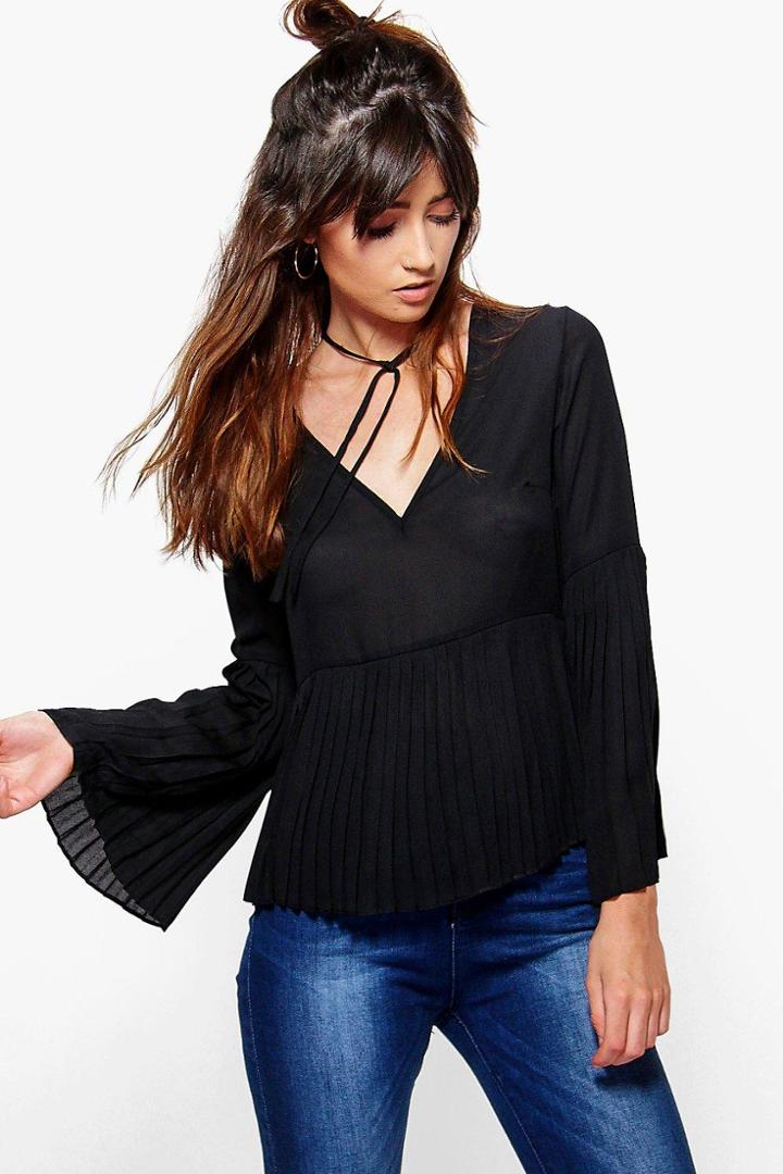 Boohoo Emily Pleat Hem Tie Neck Woven Top Black