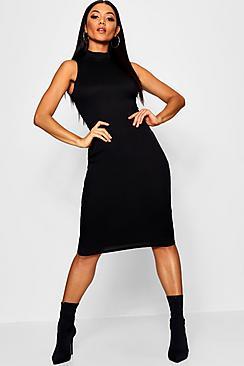 Boohoo High Neck Sleeveless Ribbed Midi Dress