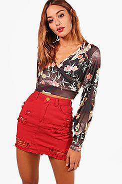 Boohoo Abi Oriental Print Wrap Balloon Sleeve Crop