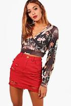 Boohoo Abi Oriental Print Wrap Balloon Sleeve Crop