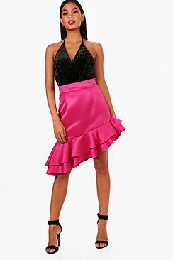 Boohoo Milly Matte Satin Drop Ruffle Hem Midi Skirt