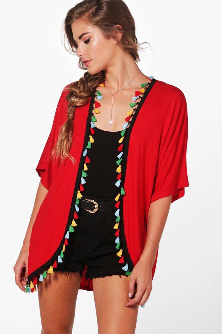 Boohoo Brooke Tassel Trim Kimono Red