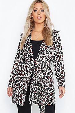 Boohoo Plus Leopard Longline Tie Waist Blazer