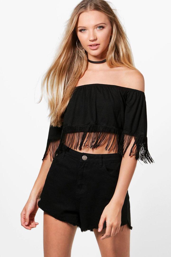 Boohoo Nadia Tassel Off The Shoulder Crop Black