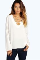Boohoo Faye Deep V Caged Detail Blouse White