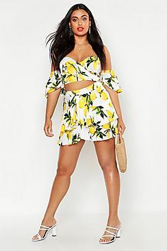 Boohoo Plus Lemon Print Ruffle Detail Mini Skirt