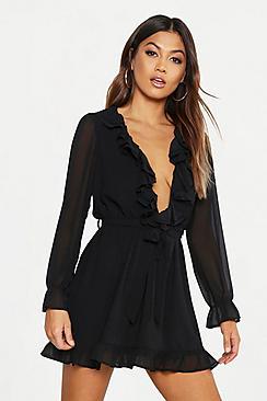 Boohoo Ruffle Plunge Front Skater Dress