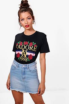 Boohoo Meggan J'adore Rose Logo Slogan Tee