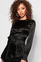 Boohoo Satin Tie Waist Asymmetric Hem Blouse