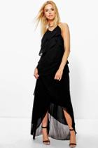 Boohoo Boutique Liyu Chiffon Ruffle Halterneck Maxi Dress Black