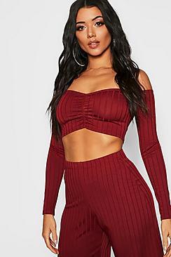 Boohoo Ribbed Off The Shoulder Crop Top