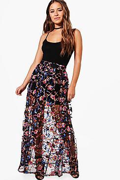 Boohoo Petite Felicity Embroidered Full Maxi Skirt