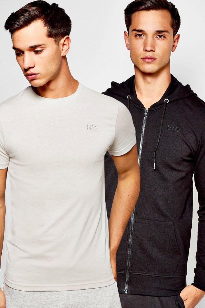 Boohoo 2 Pack Muscle Fit Zip Through Hoodie & T-shirt Multi