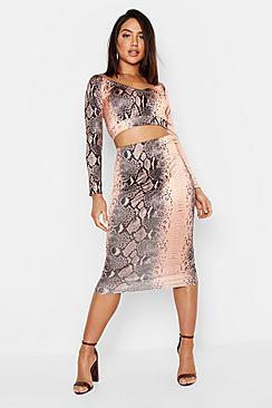 Boohoo Snake Print Slinky Ruched Midi Skirt