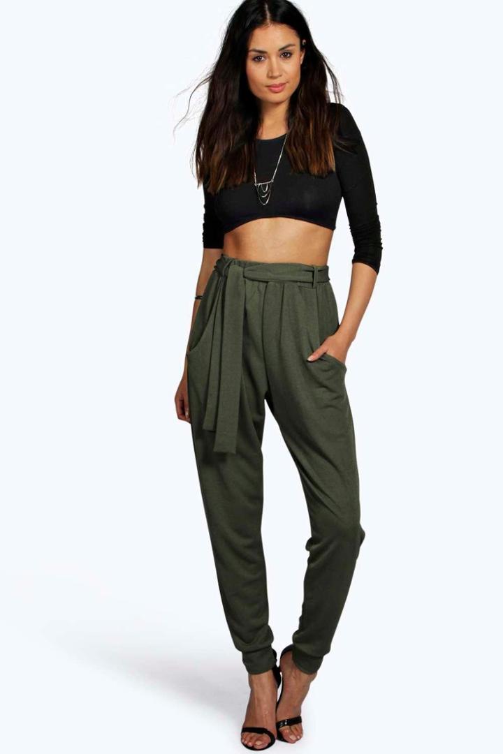 Boohoo Luella Soft Crepe Tie Waist Relaxed Jogger Khaki