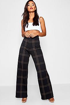 Boohoo Petite Grid Check Wide Leg Trouser