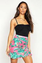 Boohoo Palm Print Ruffle Ruched Mini Skirt