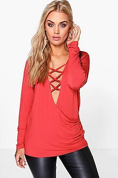 Boohoo Plus Gabriella Lace Up Detail Wrap Top