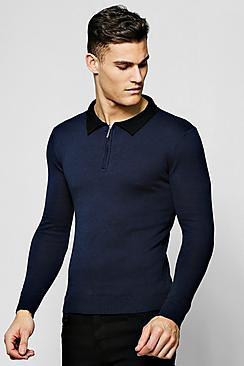 Boohoo Long Sleeved Zip Polo With Ribbed Collar