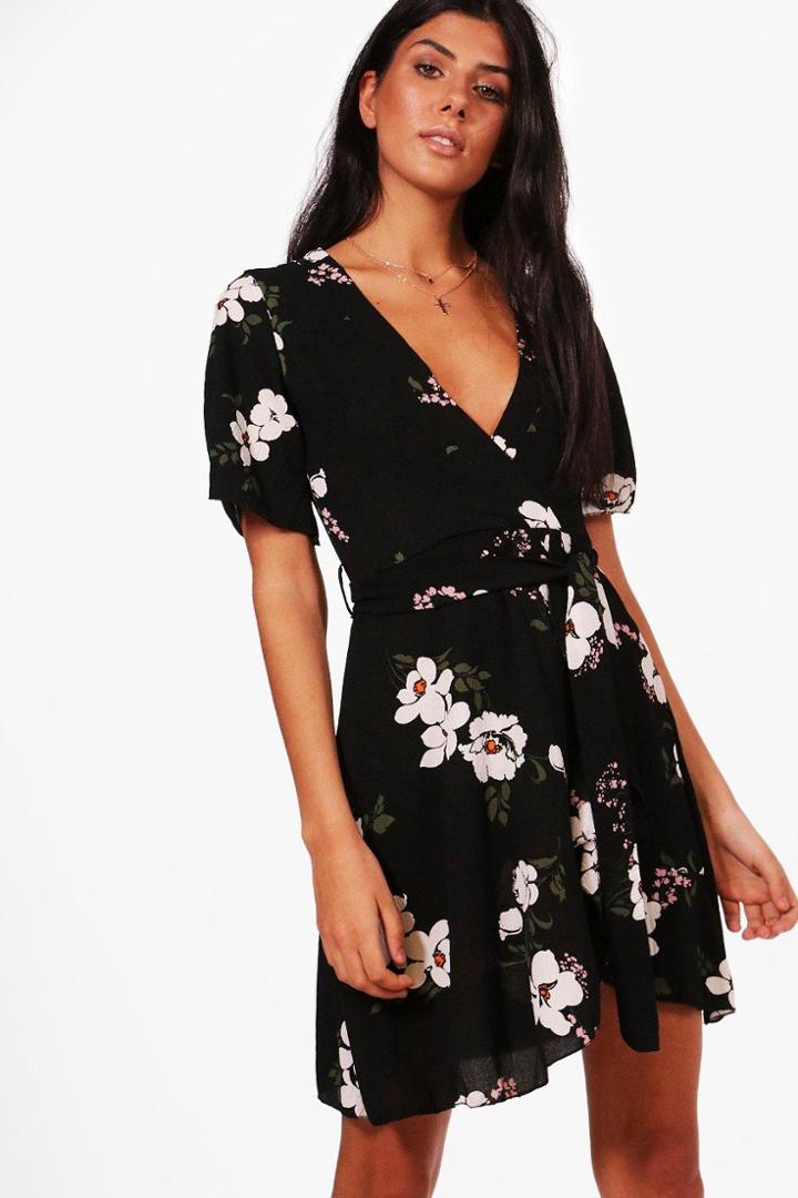 Boohoo Sarah Floral Ruffle Tea Dress Black