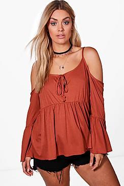 Boohoo Plus Emma Jersey Flared Sleeve Ruffle Top