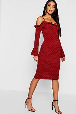 Boohoo Polka Dot Cold Shoulder Frill Midi Dress