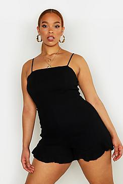 Boohoo Plus Textured Linen Ruffle Playsuit