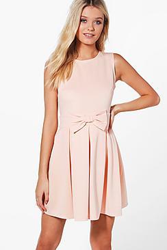 Boohoo Ruth Bow Front Pleat Skirt Skater Dress