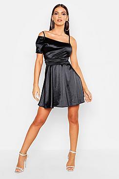 Boohoo One Shoulder Pleat Detail Skater Dress