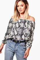 Boohoo Petite Emma Bardot Snake Print Woven Top Multi