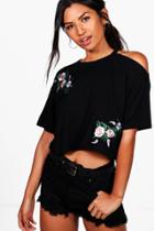 Boohoo Charlie Embroidered Distressed Collar Crop Top Black
