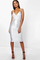 Boohoo Kiera Metallic Wrap Top Midi Dress Silver