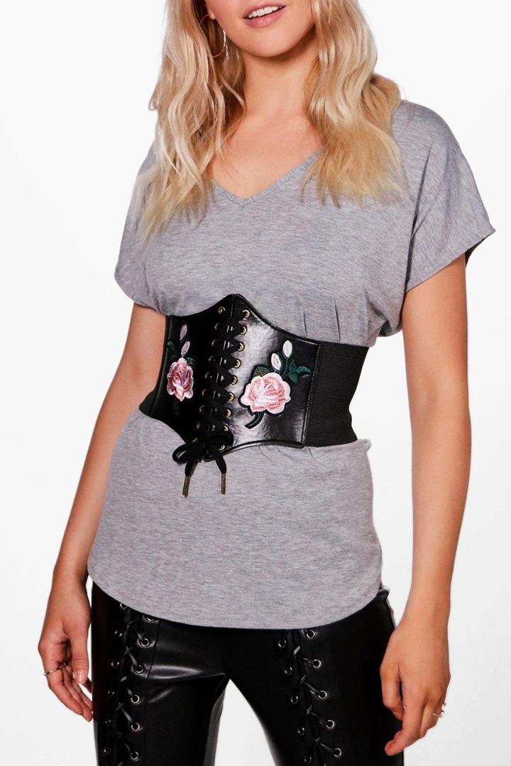 Boohoo Jessie Embroidered Pu Lace Up Corset Belt Black