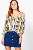 Boohoo Freya Bow Detail Striped Bardot Top Multi